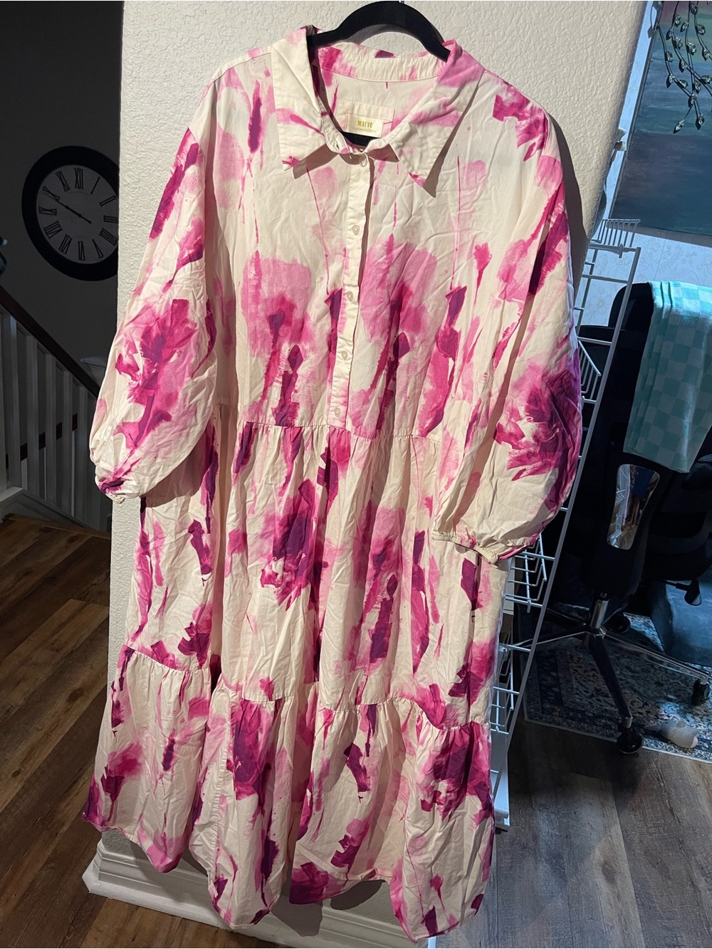 Maeve by ANTHROPOLOGY Pink and Cream Floral Tiered Midi Dress NEW 3X